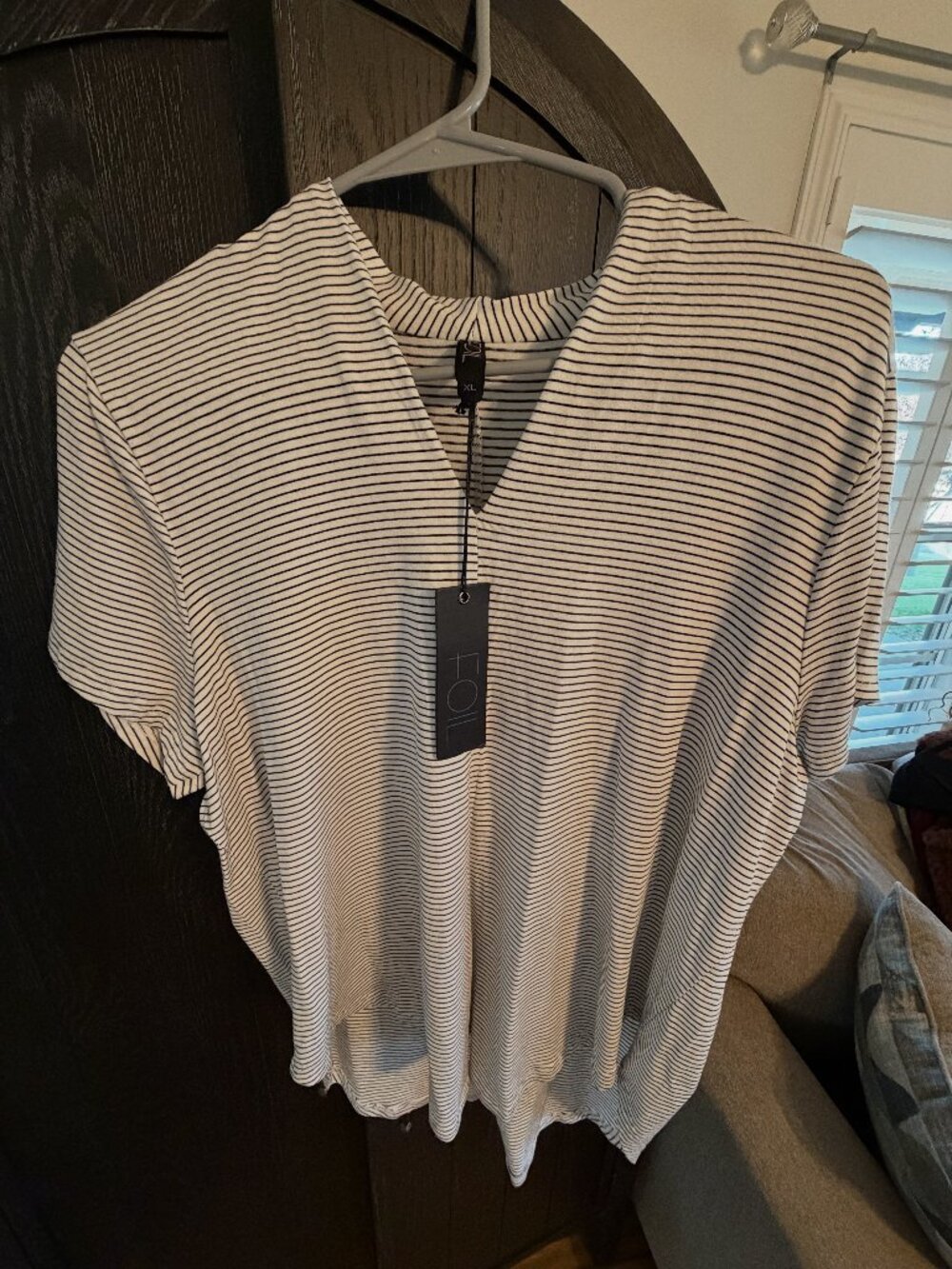 FOIL White Black Striped V-Neck Dolman Top NWT XL